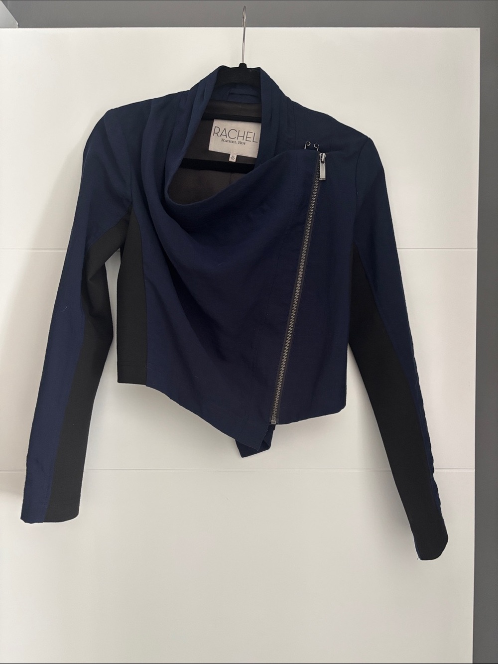RACHEL Rachel Roy Navy Draped Asymmetrical Zip Blazer